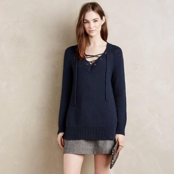 Anthro Moth Navy Asbury Laced Open Knit Sweater XS - Picture 1 of 7